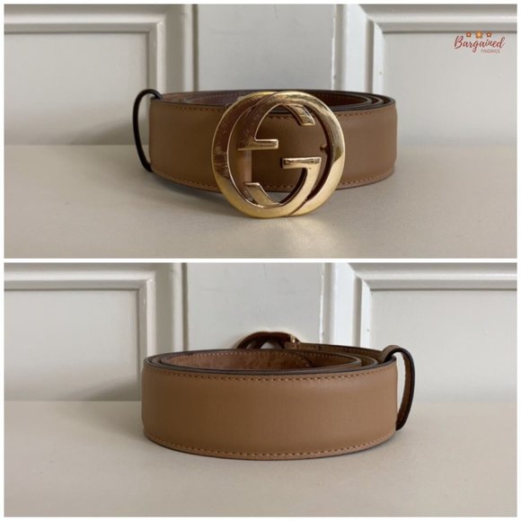 Authentic Gucci Beige Calfskin Leather Gold Interlocking G Buckle Belt 95/38 - Picture 3 of 13